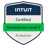 Badge displaying “Intuit Certified QuickBooks Level 2 ProAdvisor” with a blue, white, and green color scheme and shield design.
